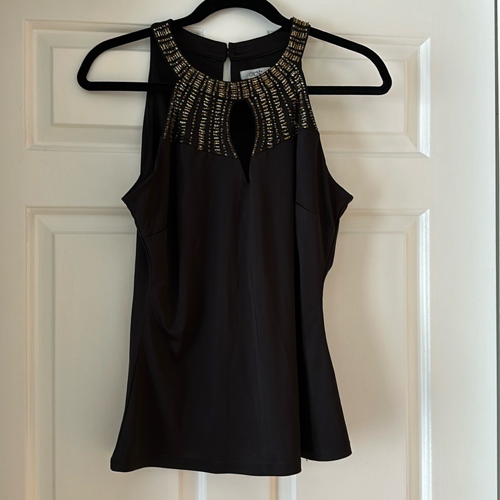 Cache black sleeveless with gold  beading